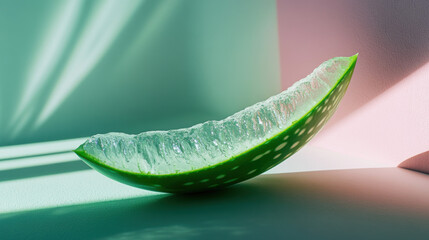 Vibrant Green Melon Slice with Juicy Gel and Textured Surface Against Soft Pastel Backgrounds and Natural Light Play