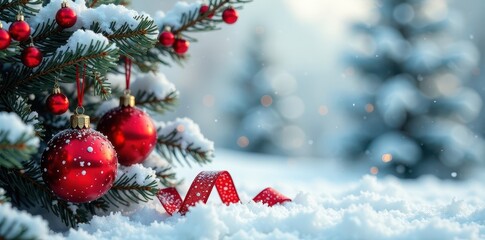 Red ornaments on snowy branches, festive ribbon , festive, snow
