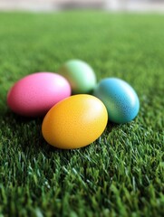Naklejka premium easter, holidays and tradition concept - colored eggs on artificial grass
