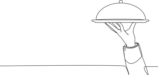 continuous single line drawing of waiter holding plate with cloche, line art vector illustration