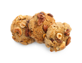Tasty cookies with nuts isolated on white, top view
