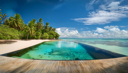 Fototapeta premium serene beach view with clear water pool and lush greenery surrounding the shore