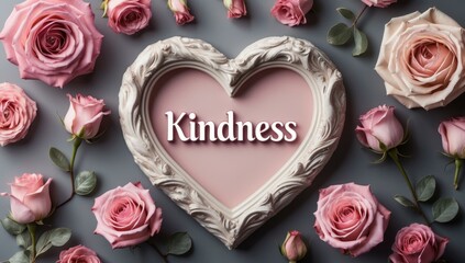 Heart-shaped pink rustic frame with kindness text surrounded by light and dark pink roses and eucalyptus leaves, ideal for Valentine's Day, love messages, romantic backgrounds, soft cozy floral arran