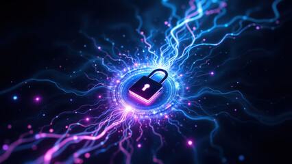A dynamic digital illustration representing advanced internet security, with a glowing lock symbol at its center, enveloped by vibrant electric sparks and particles that suggest powerful protection 