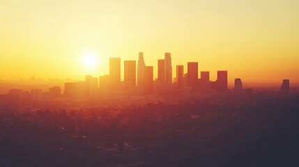 Fototapeta premium Beautiful Los Angeles Skyline at Sunset with Golden Sunlight Casting a Warm Glow Over the Cityscape, Creating a Serene Urban Atmosphere
