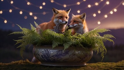Two foxes sitting in a decorative pot surrounded by ferns and fairy lights.