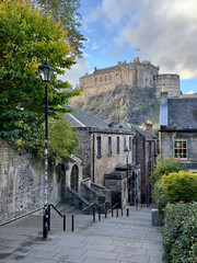 Iconic view of Edinburgh Castle from the Vennel steps in the Old Town, Edinburgh, Scotland. 