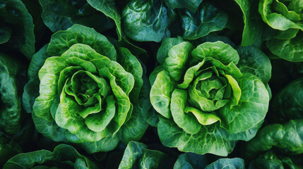 Fototapeta premium Fresh and Vibrant Green Lettuce Head Arrangement Organic Vegetables Perfect for Health Food, Cooking, and Culinary Uses in Natural Light Background
