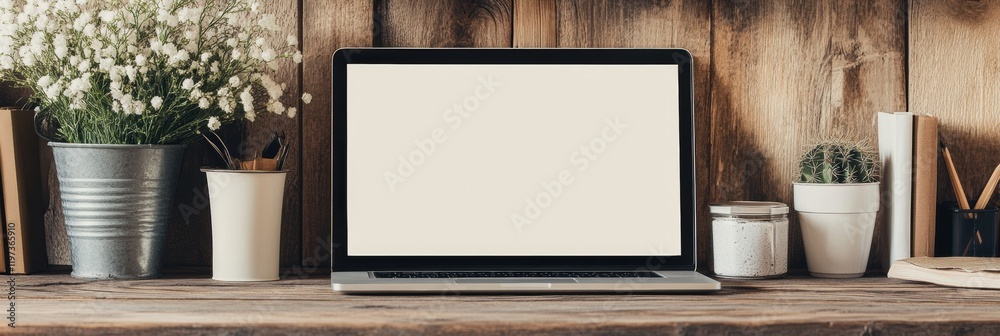 Leinwandbilder empty workspace featuring a laptop on a rustic wooden desk with plants and stationary for personaliz