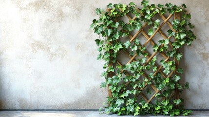 Wooden trellis adorned with green ivy against a white wall in a tranquil indoor setting