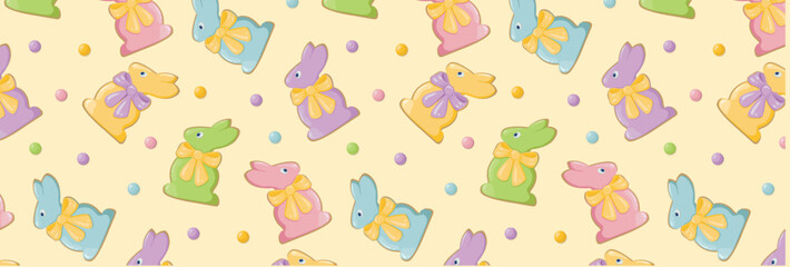 Pattern of easter bunnies with bows and sweet pea sprinkles. Spring religious holiday happy easter. Festive seamless background with colorful gingerbread bunnies. Vector wallpaper for wrapping paper.