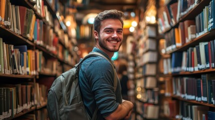 Handsome Smile student man with backpack and books in library, education, university, cheerful, college, happy, standing, school, backpack, attractive, enjoyment, confidence