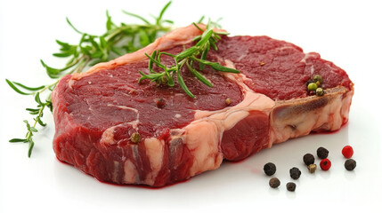 Obraz premium Fresh Raw Beef Steak with Herbs and Spices on White Background, Perfect for Culinary Use in Restaurants and Home Cooking, Ideal for Food Photography and Recipe Development