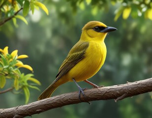 Naklejka premium A vibrant yellow bulbul in its natural habitat, outdoor scene, bird's habitat, lush vegetation