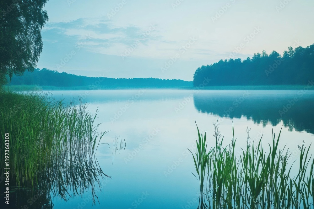 Aufkleber tranquil lakeside view with calm waters and lush greenery at dawn creating a serene atmosphere for r