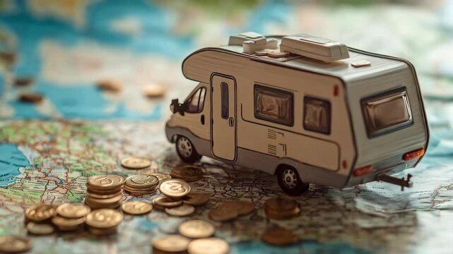 close up of little model of the caravan car and coins on the map, travel and vacation concept