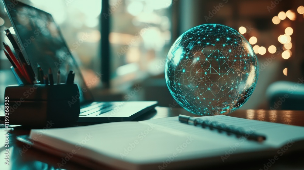 Poster close up of notebook with abstract globe sphere with coding and polygonal network. future, technolog