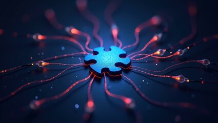 Blue puzzle piece connected with glowing red wires and water droplets, symbolizing technology network integration, digital connection concept, futuristic cyber background ideal for innovation and com