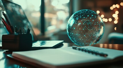 Close up of notebook with abstract globe sphere with coding and polygonal network. Future, technology and digital world concept. Double exposure