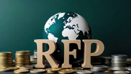 Wooden letters RFP with globe globe earth model and stacked gold silver coins symbolizing request for proposal finance investment concept suitable for business presentations websites teal background