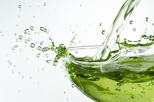 green liquid water or tea oil. neon lime liquid flows and splashes on a transparent background