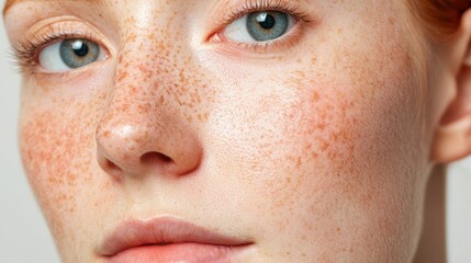 Fototapeta premium Skin Damaged Sun Concept, Close-Up of a Freckled Face Highlighting Sun Damage and Dryness in Natural Light