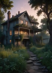 Abandoned house at dusk with overgrown garden and creepy atmosphere, eerie atmosphere, garden