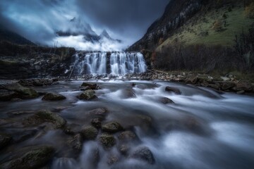 Fototapeta premium Winter wonderland landscape captures the serene beauty of western Sichuan with cascading waterfalls and misty mountains