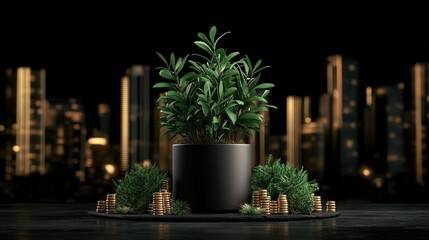Fototapeta premium Vibrant Green Plant in a Decorative Pot Surrounded by Shiny Coins on a Rustic Wooden Table Evoking a Sense of Prosperity and Natural Beauty