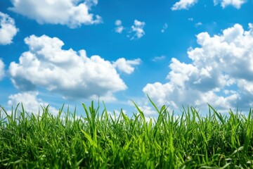 Obraz premium Lush green grass against a bright blue sky with fluffy white clouds in a serene outdoor setting. Generative AI