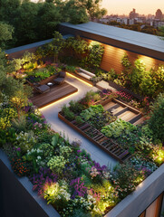 Lush urban rooftop garden showcasing vibrant greenery and serene seating area at sunset