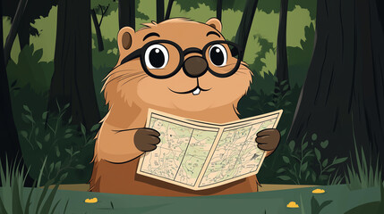 A curious groundhog wearing glasses and studying a map in a forest, created in a modern flat cartoon style with clean shapes, minimal details, and bold colors