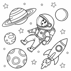 An astronaut floating in space near planets, stars, and a rocket ship coloring page for children, outline, education, line, outline, art, sketch