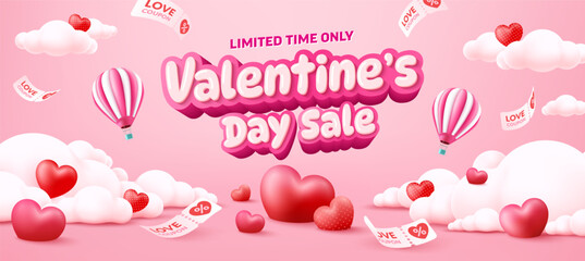 Valentine's Day Sale Banner Template with Floating Hearts, Hot Air Balloons, Love Coupons, Pink Clouds, and Romantic Design Elements for Limited-Time Festive Promotions and Holiday Marketing
