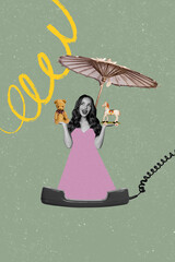 Template sketch image composite artwork collage of landline phone talk service operator young lady hand hold toy umbrella play game