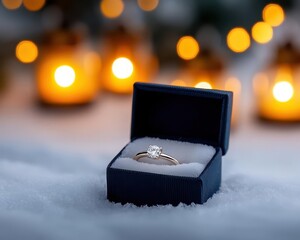 Romantic holiday scene with a diamond ring in a box, placed near glowing lanterns and snow