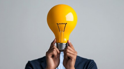 Illuminating Ideas: A person's face is concealed by a bright yellow lightbulb, symbolizing innovation, creativity, and the power of new ideas. The image is minimalist and impactful.