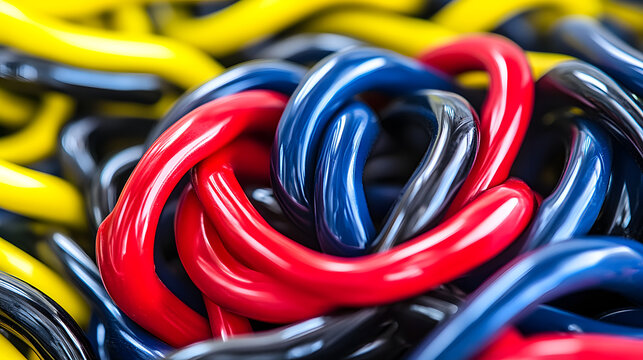 A chaotic tangle of 3D wires and pipes in bright, contrasting colors, forming an intricate, energetic abstract network 