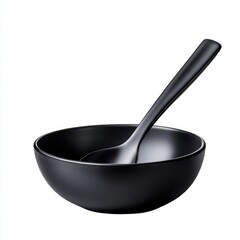 Elegant Black Bowl with Spoon on Clean White Background Perfect for Food Photography, Kitchen Decor, Culinary Presentations, and Modern Table Settings