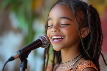Young girl singing passionately on stage with bright lights in the background during a talent show