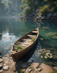 Fototapeta premium Algunas flores se ven entre las barcas apoyadas, flores, amanecer