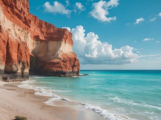 Fototapeta premium the beach at the end of a cliff with clear water and blue sky