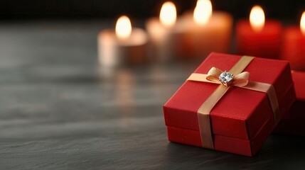 Closeup of diamond jewelry in a red gift box tied with a gold bow, with glowing candles in the background
