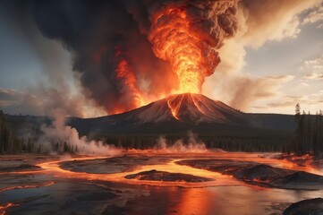 Fototapeta premium Eruption of a volcano with lava flows and smoke.