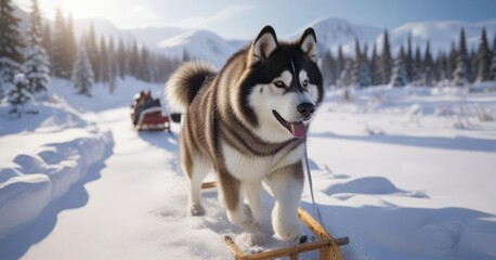 Naklejka premium An Alaskan Malamute pulling a sled through snow, working breeds, animal work