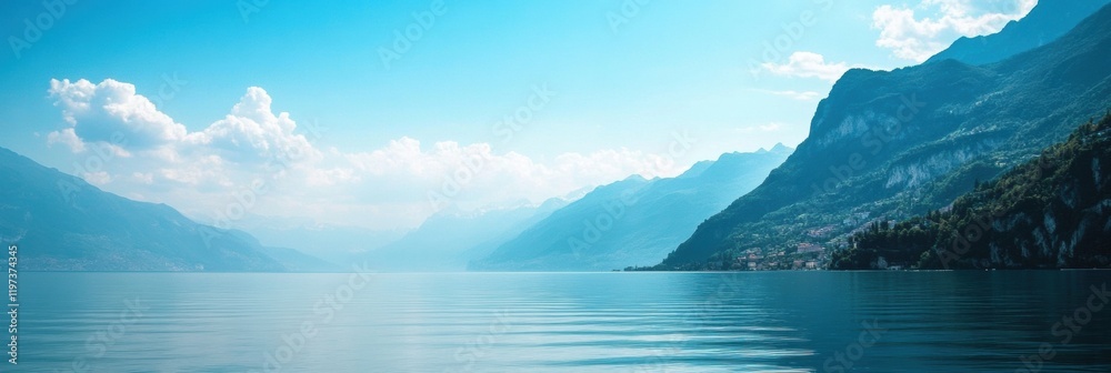 Leinwandbilder tranquil lake with calm waters reflecting mountains and sky in a serene landscape suitable for text 
