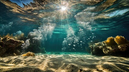 Obraz premium An underwater shot with bubbles rising, bathed in sunlight that creates patterns on the ocean floor