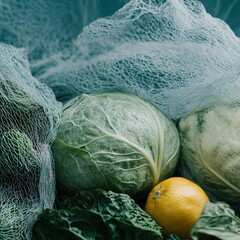 Obraz premium Fresh Green Cabbage, Lemon, and Greens in Netting