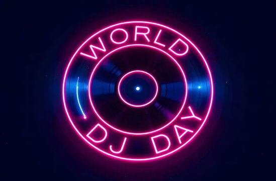 World DJ Day: Neon Vinyl Record Design. Neon pink text "World DJ Day" encircles a glowing vinyl record on a dark blue background, celebrating DJs.