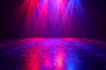Vibrant dance floor with colorful lighting. A colorful dance floor illuminated by red and blue lights, creating a vivid atmosphere in a dark venue.
